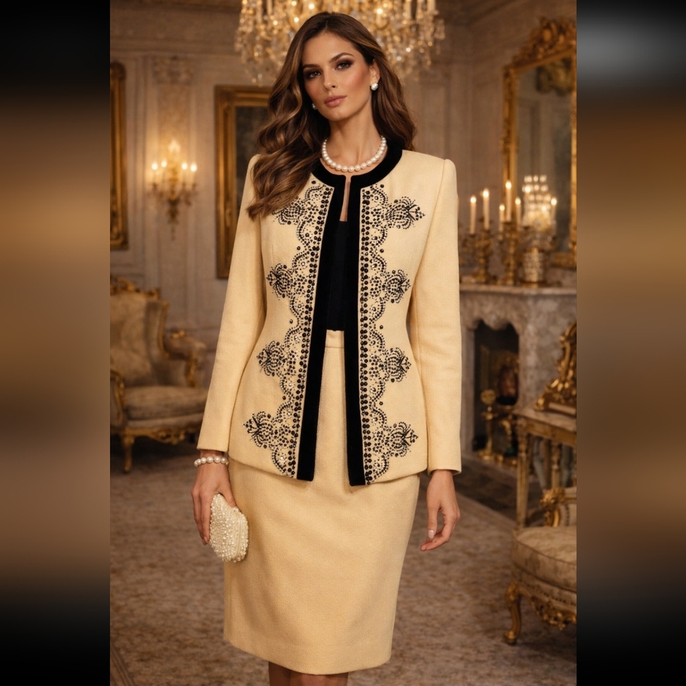 CAROLINA HERRERA Vintage Wool Silk Skirt Suit Beaded Jacket Set Neiman Marcus